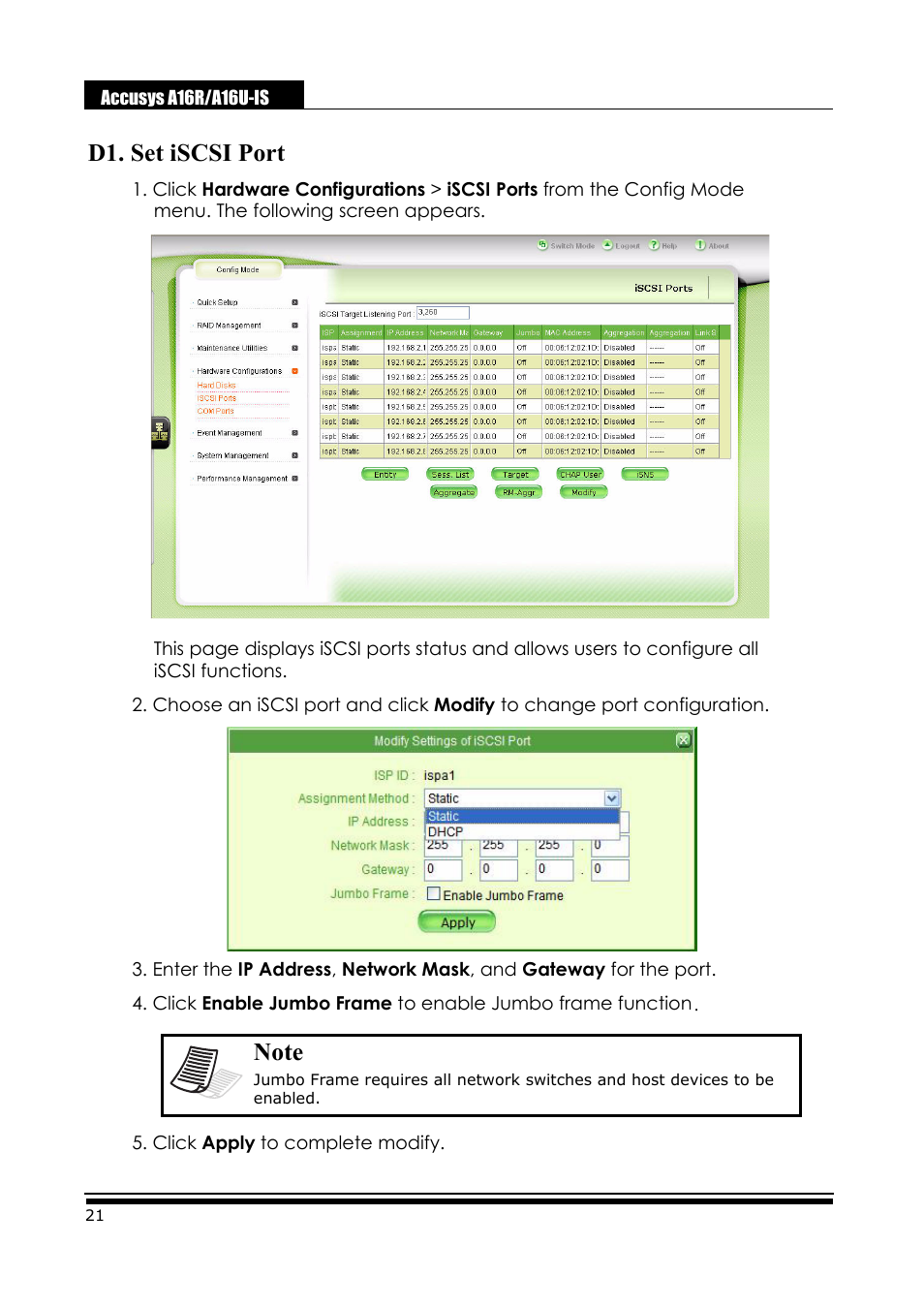 D1. set iscsi port | Accusys ExaRAID A16U-IS User Manual | Page 23 / 40