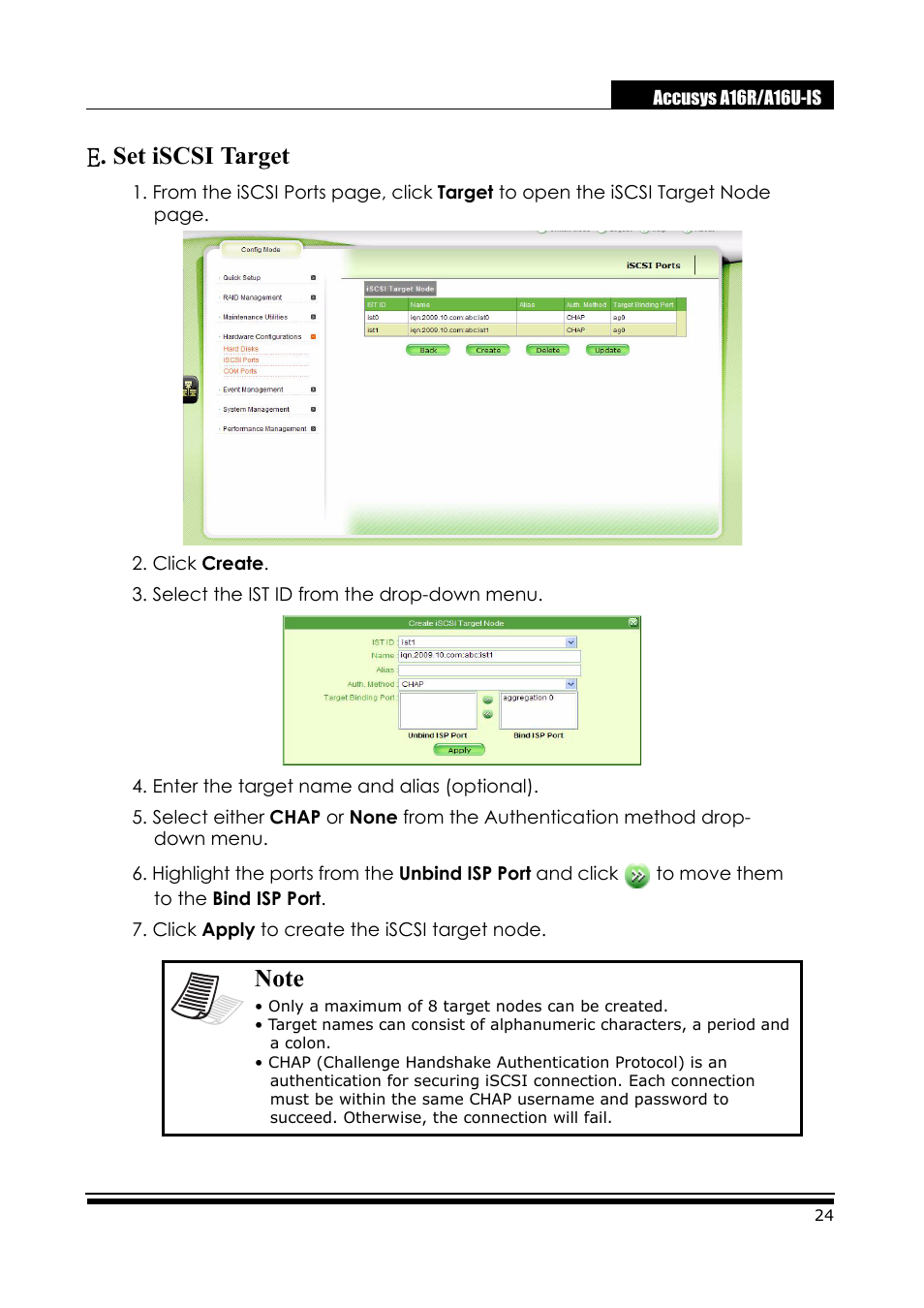 E . set iscsi target, E. set iscsi target | Accusys ExaRAID A16U-IS User Manual | Page 26 / 40