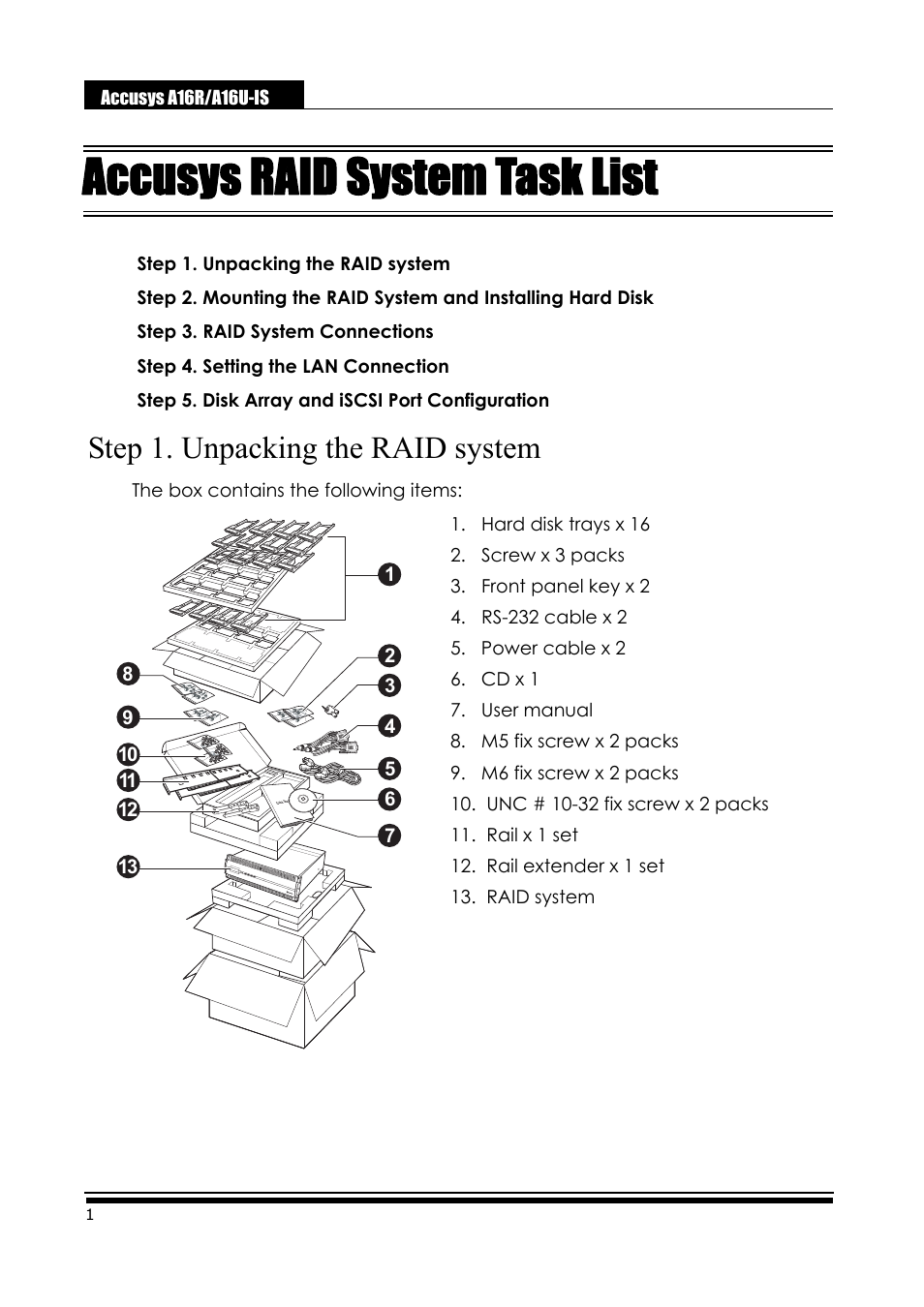 Accusys raid system task list, Step 1. unpacking the raid system | Accusys ExaRAID A16U-IS User Manual | Page 3 / 40