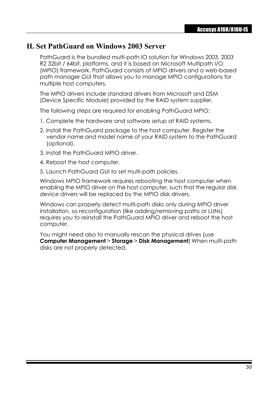 H. set pathguard on windows 2003 server | Accusys ExaRAID A16U-IS User Manual | Page 32 / 40