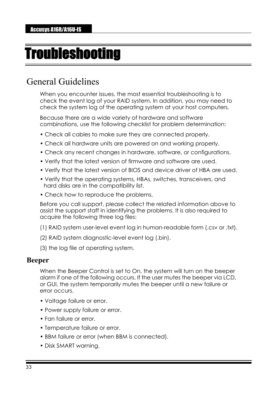 Troubleshooting, General guidelines | Accusys ExaRAID A16U-IS User Manual | Page 35 / 40