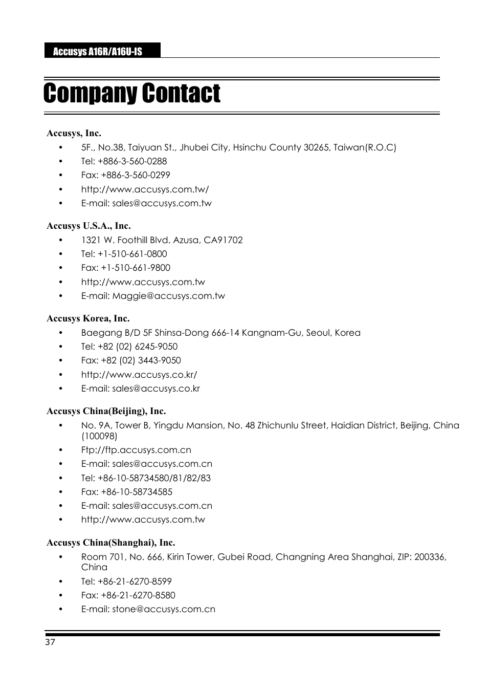 Company contact | Accusys ExaRAID A16U-IS User Manual | Page 39 / 40
