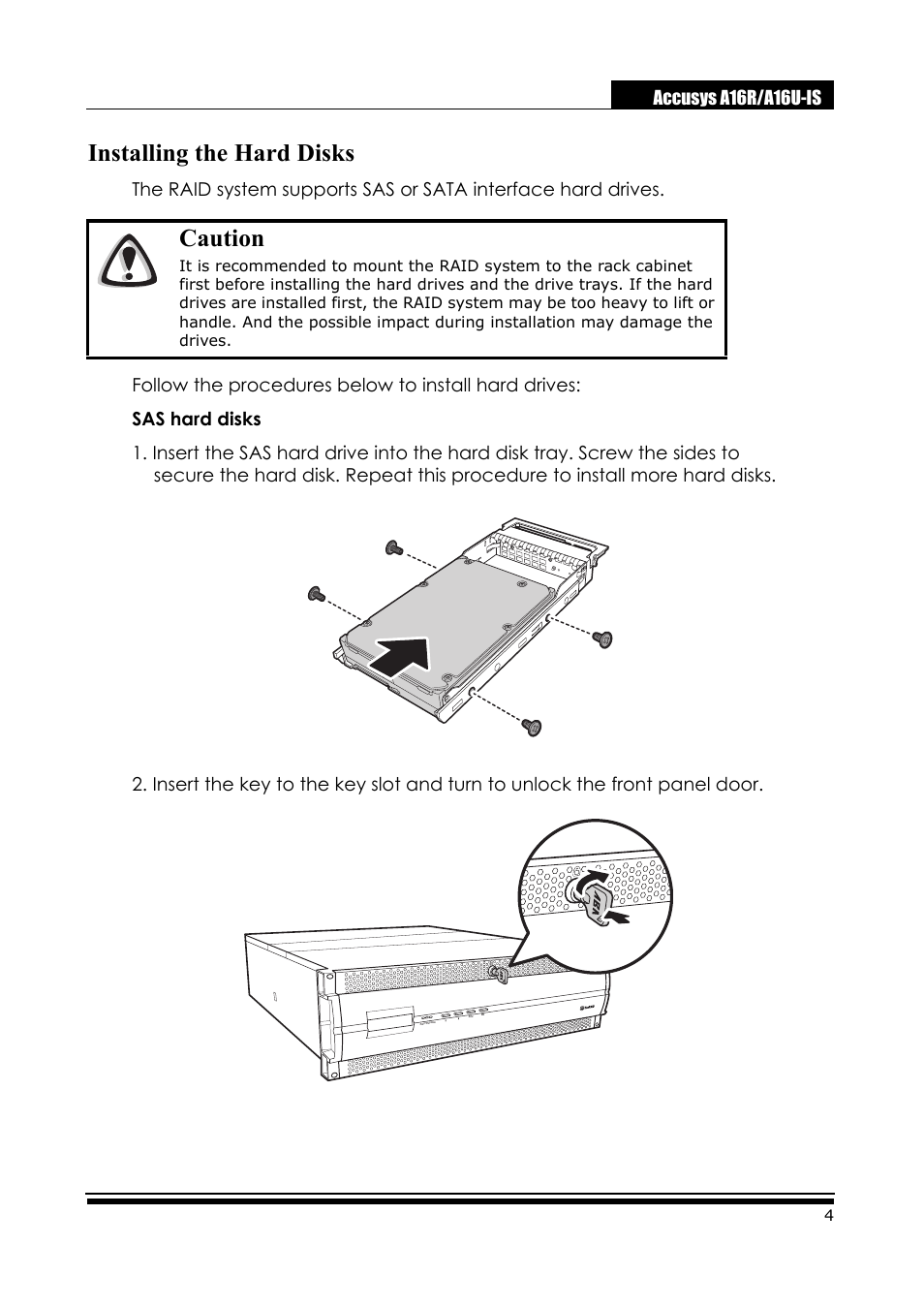 Installing the hard disks, Caution, Accusys a16r/a16u-is | Accusys ExaRAID A16U-IS User Manual | Page 6 / 40