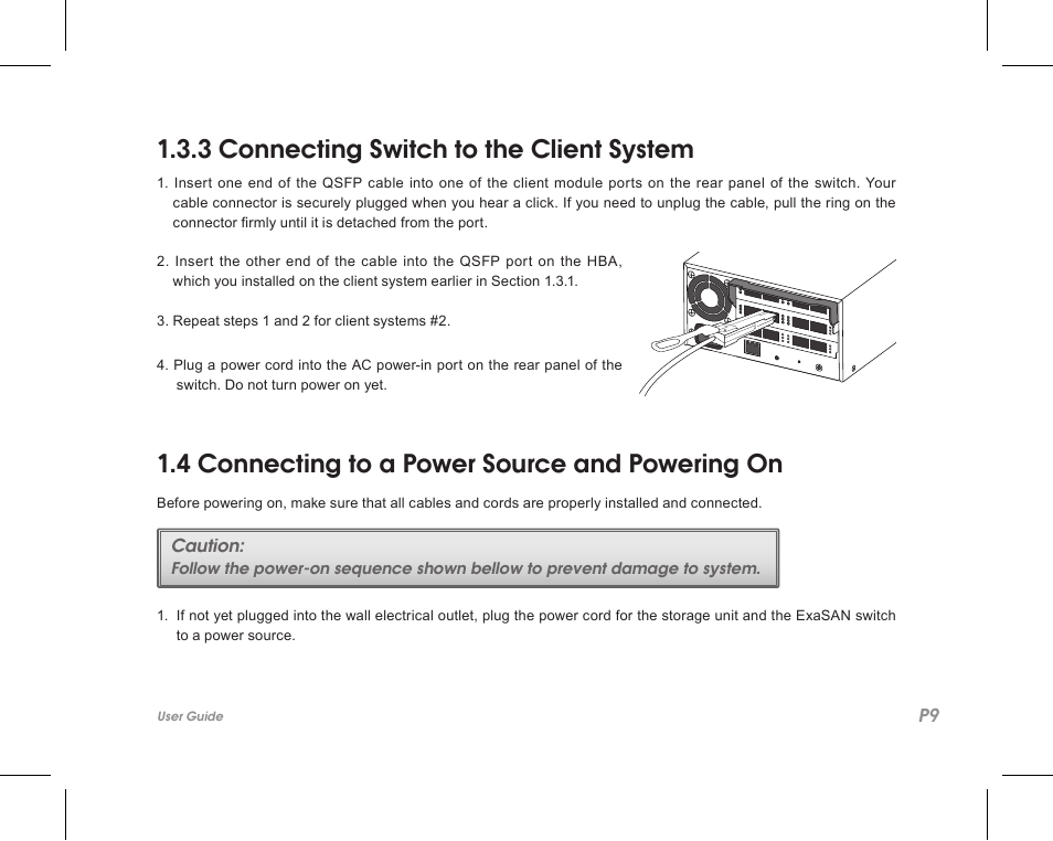 3 connecting switch to the client system, 4 connecting to a power source and powering on | Accusys ExaSAN SW08-Q4 User Manual | Page 11 / 44