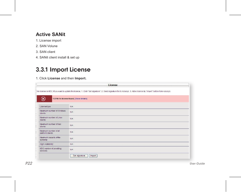 1 import license, Active sanit | Accusys ExaSAN SW08-Q4 User Manual | Page 24 / 44