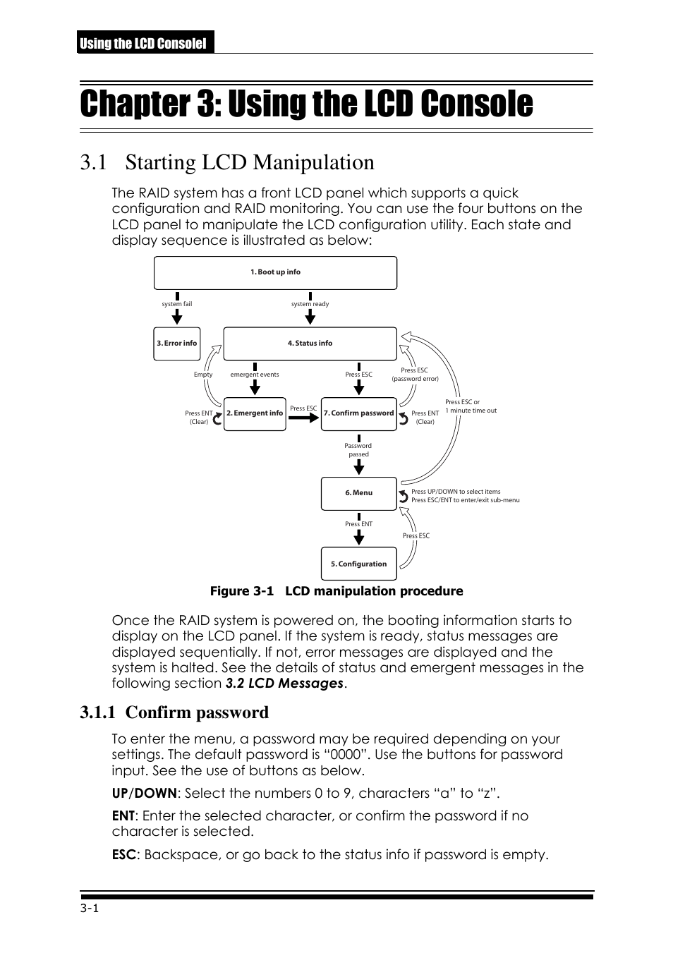 Lcd.pdf, Chapter 3: using the lcd console, 1 starting lcd manipulation | 1 confirm password, Using the lcd consolel | Accusys ExaRAID GUI User Manual | Page 124 / 369