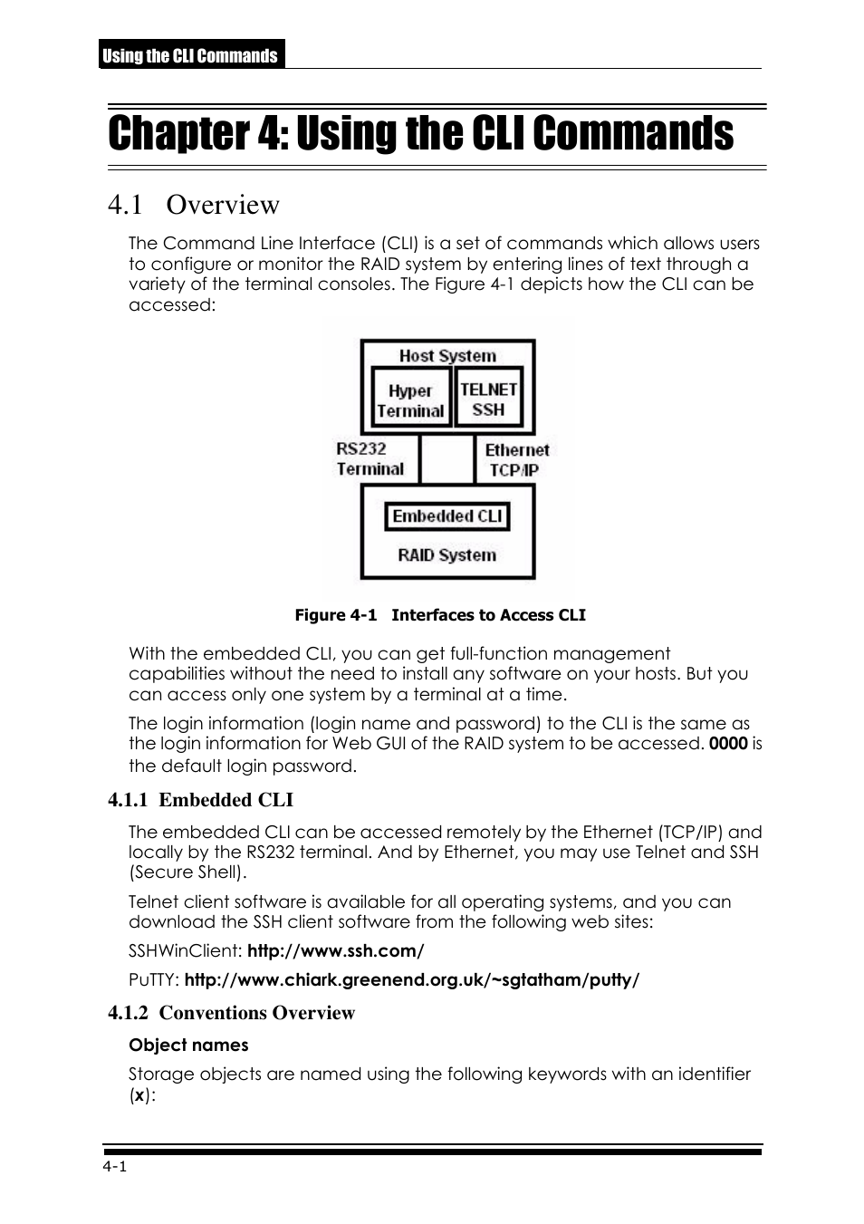 Cli.pdf, Chapter 4: using the cli commands, 1 overview | 1 embedded cli, 2 conventions overview | Accusys ExaRAID GUI User Manual | Page 132 / 369