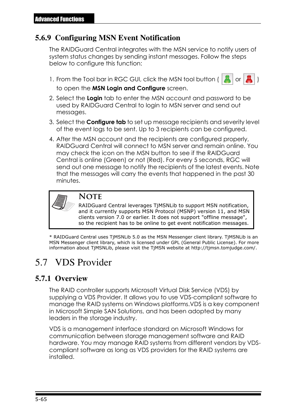 9 configuring msn event notification, 7 vds provider, 1 overview | Accusys ExaRAID GUI User Manual | Page 238 / 369