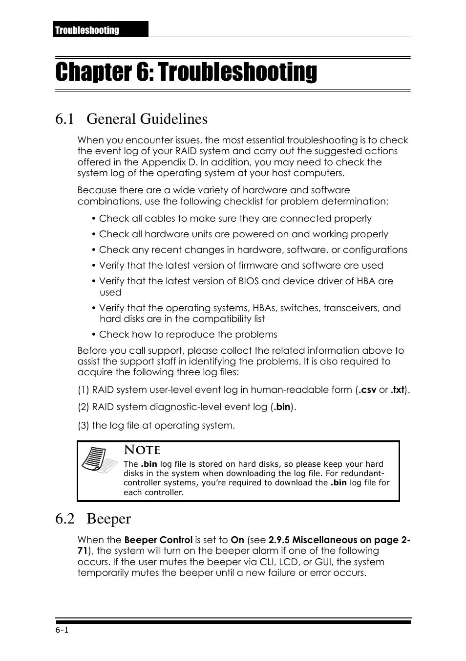 Troubleshooting.pdf, Chapter 6: troubleshooting, 1 general guidelines | 2 beeper | Accusys ExaRAID GUI User Manual | Page 244 / 369