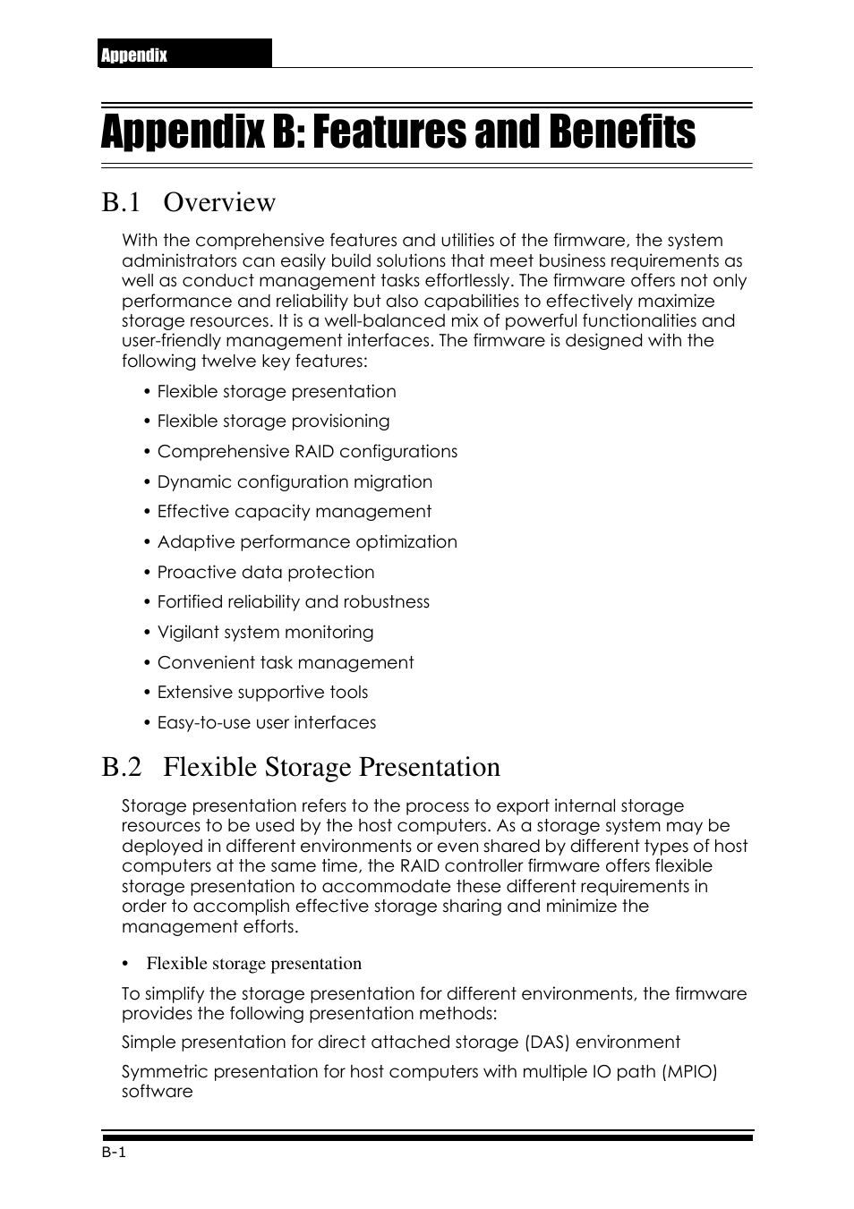0b.appendix.pdf, Appendix b: features and benefits, B.1 overview | B.2 flexible storage presentation | Accusys ExaRAID GUI User Manual | Page 270 / 369