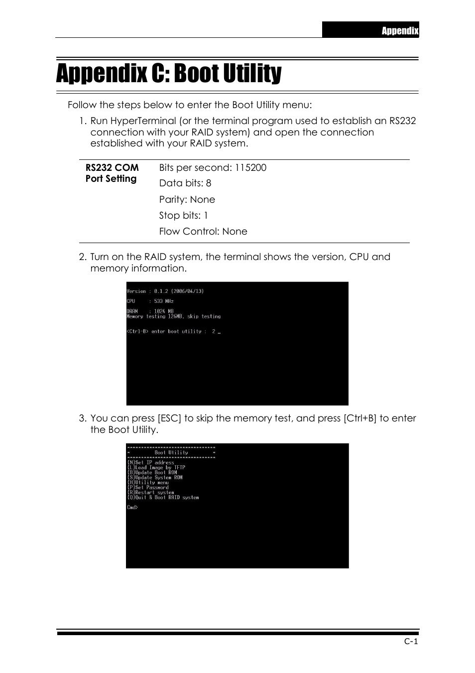0c.appendix.pdf, Appendix c: boot utility | Accusys ExaRAID GUI User Manual | Page 285 / 369