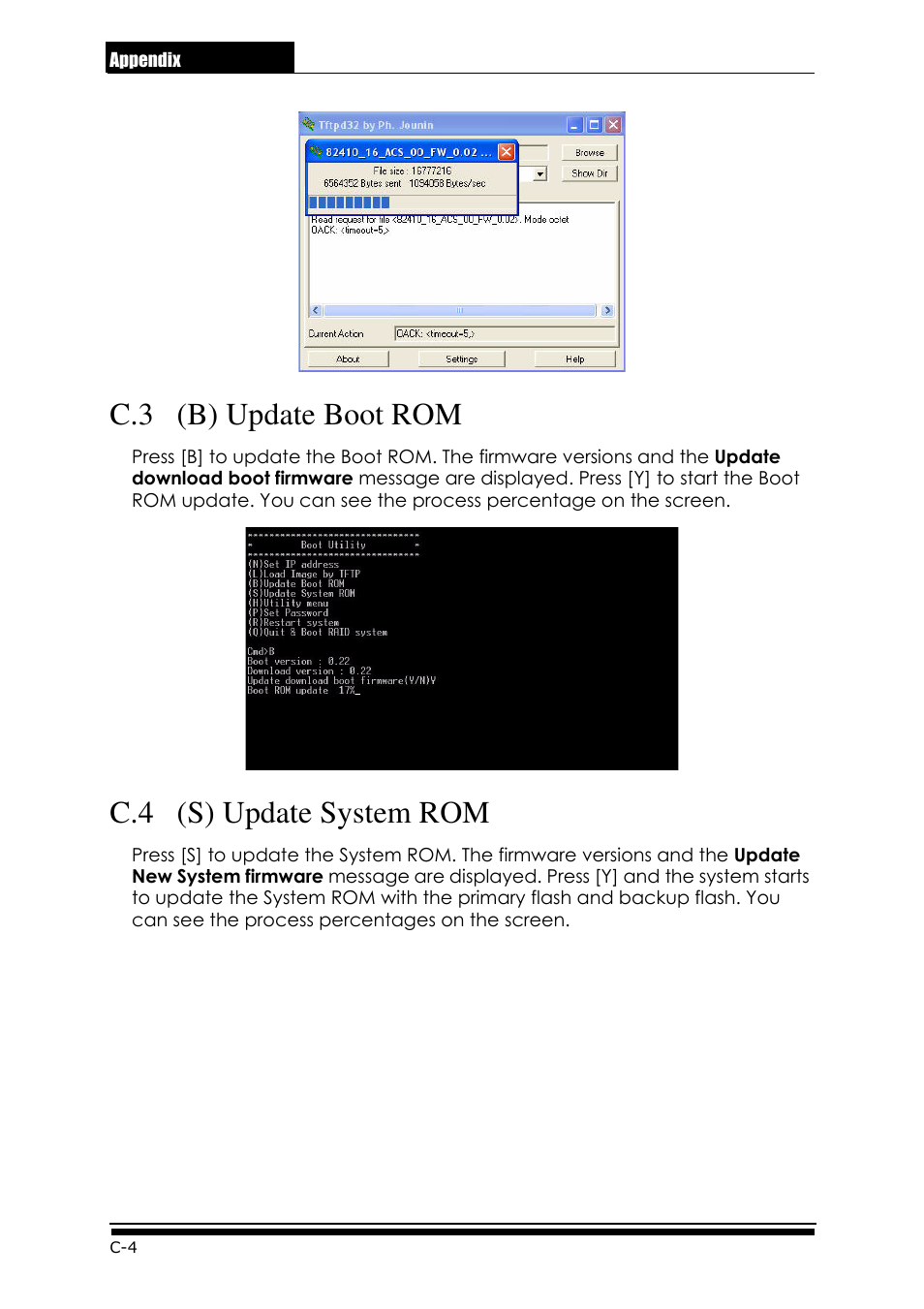C.3 (b) update boot rom, C.4 (s) update system rom | Accusys ExaRAID GUI User Manual | Page 288 / 369