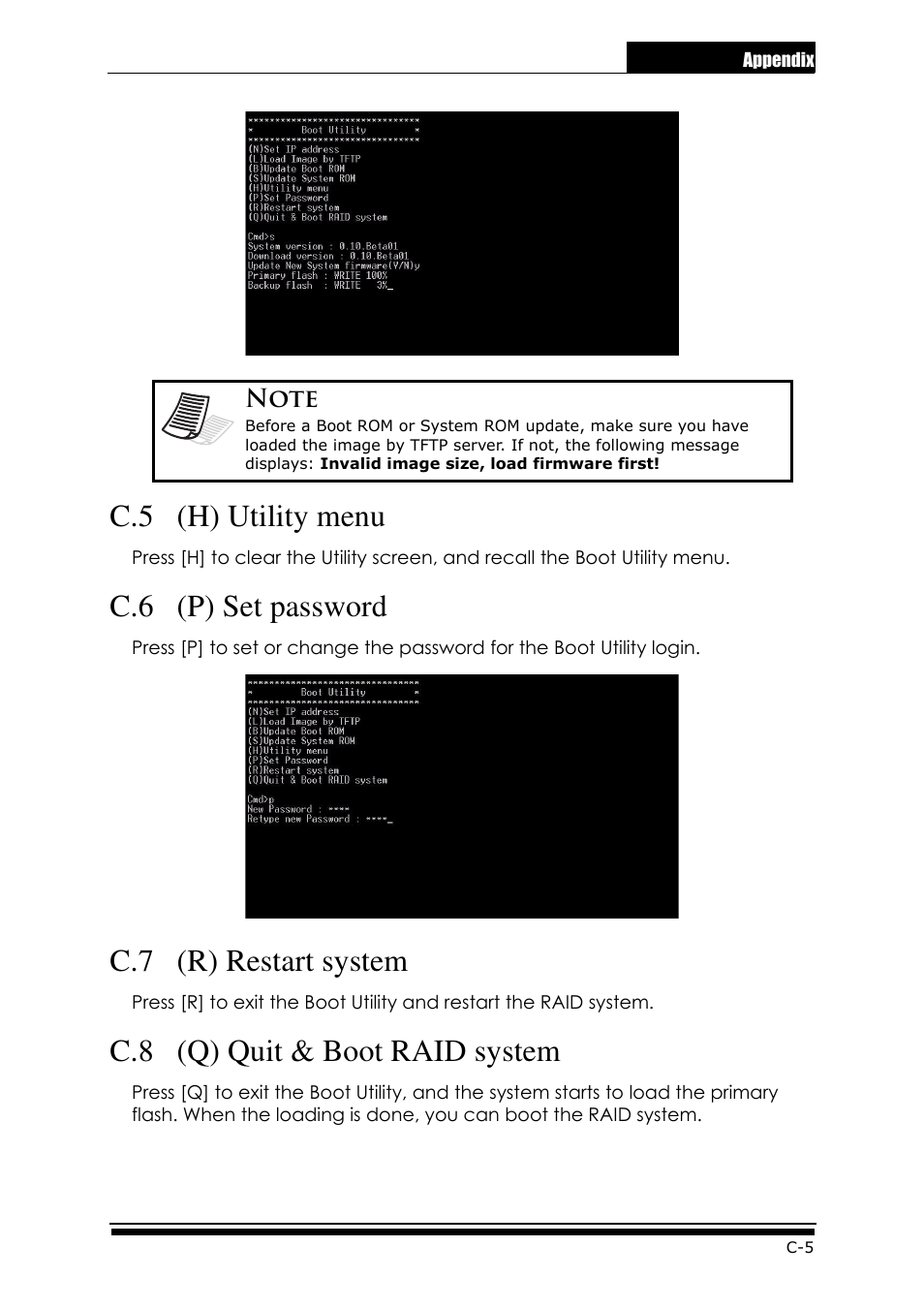 C.5 (h) utility menu, C.6 (p) set password, C.7 (r) restart system | C.8 (q) quit & boot raid system | Accusys ExaRAID GUI User Manual | Page 289 / 369