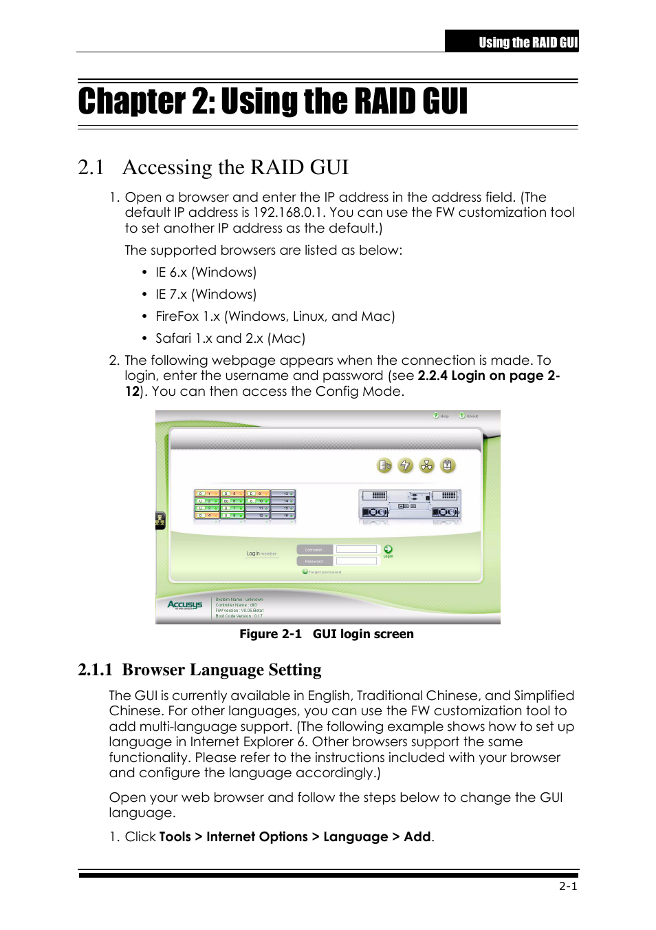 Gui.pdf, Chapter 2: using the raid gui, 1 accessing the raid gui | 1 browser language setting | Accusys ExaRAID GUI User Manual | Page 41 / 369