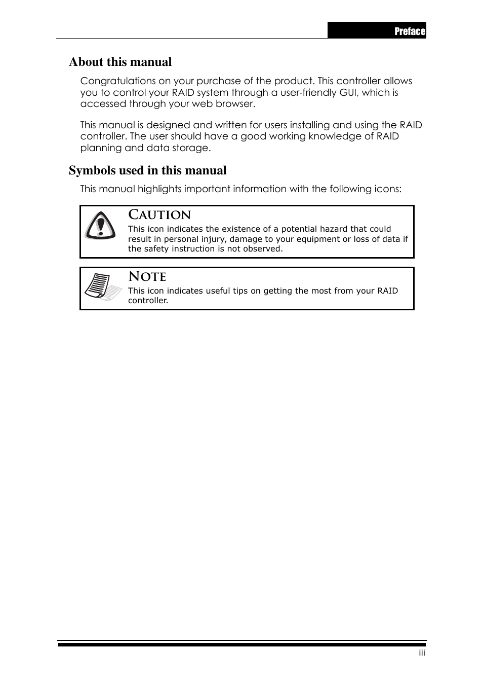 Preface.pdf, About this manual, Symbols used in this manual | Caution | Accusys ExaRAID GUI User Manual | Page 5 / 369