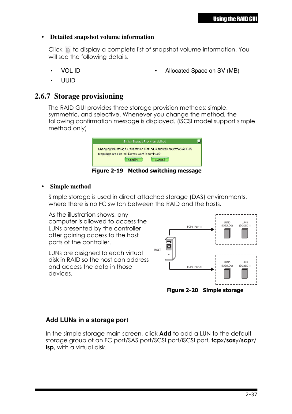 7 storage provisioning, Detailed snapshot volume information, Simple method | Add luns in a storage port | Accusys ExaRAID GUI User Manual | Page 77 / 369