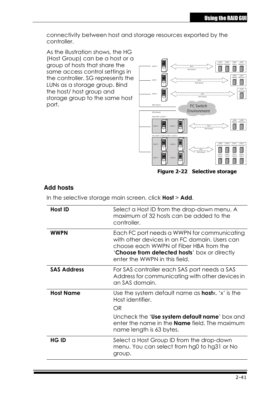 Add hosts, Using the raid gui, Figure 2-22 selective storage | Fc switch environment | Accusys ExaRAID GUI User Manual | Page 81 / 369