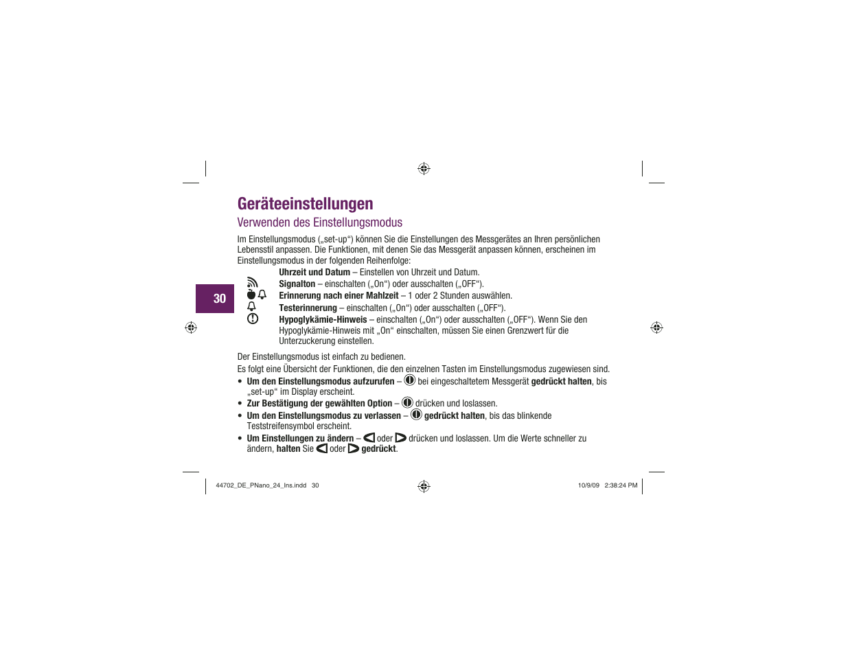 Geräteeinstellungen, Verwenden des einstellungsmodus | Акку-Чек Перформа Нано User Manual | Page 114 / 332
