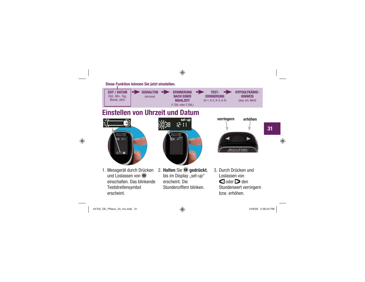 Einstellen von uhrzeit und datum | Акку-Чек Перформа Нано User Manual | Page 115 / 332