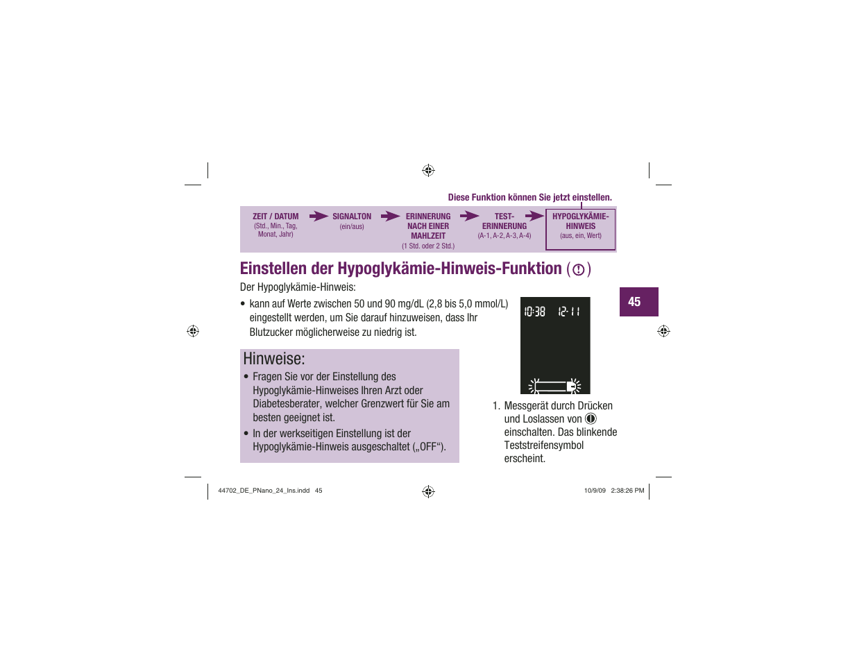 Einstellen der hypoglykämie-hinweis-funktion ( ), Hinweise | Акку-Чек Перформа Нано User Manual | Page 129 / 332