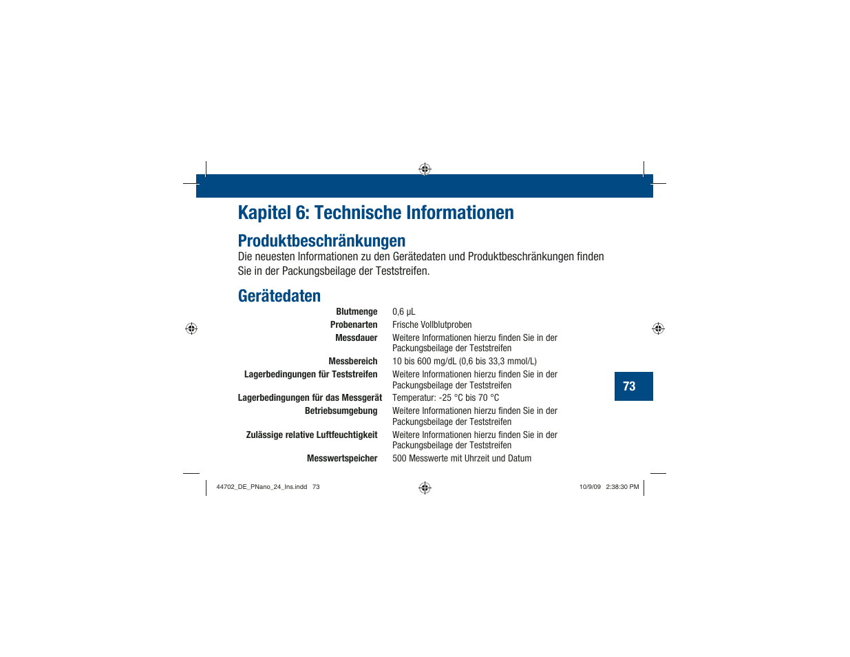 Kapitel 6: technische informationen, Produktbeschränkungen, Gerätedaten | Акку-Чек Перформа Нано User Manual | Page 157 / 332