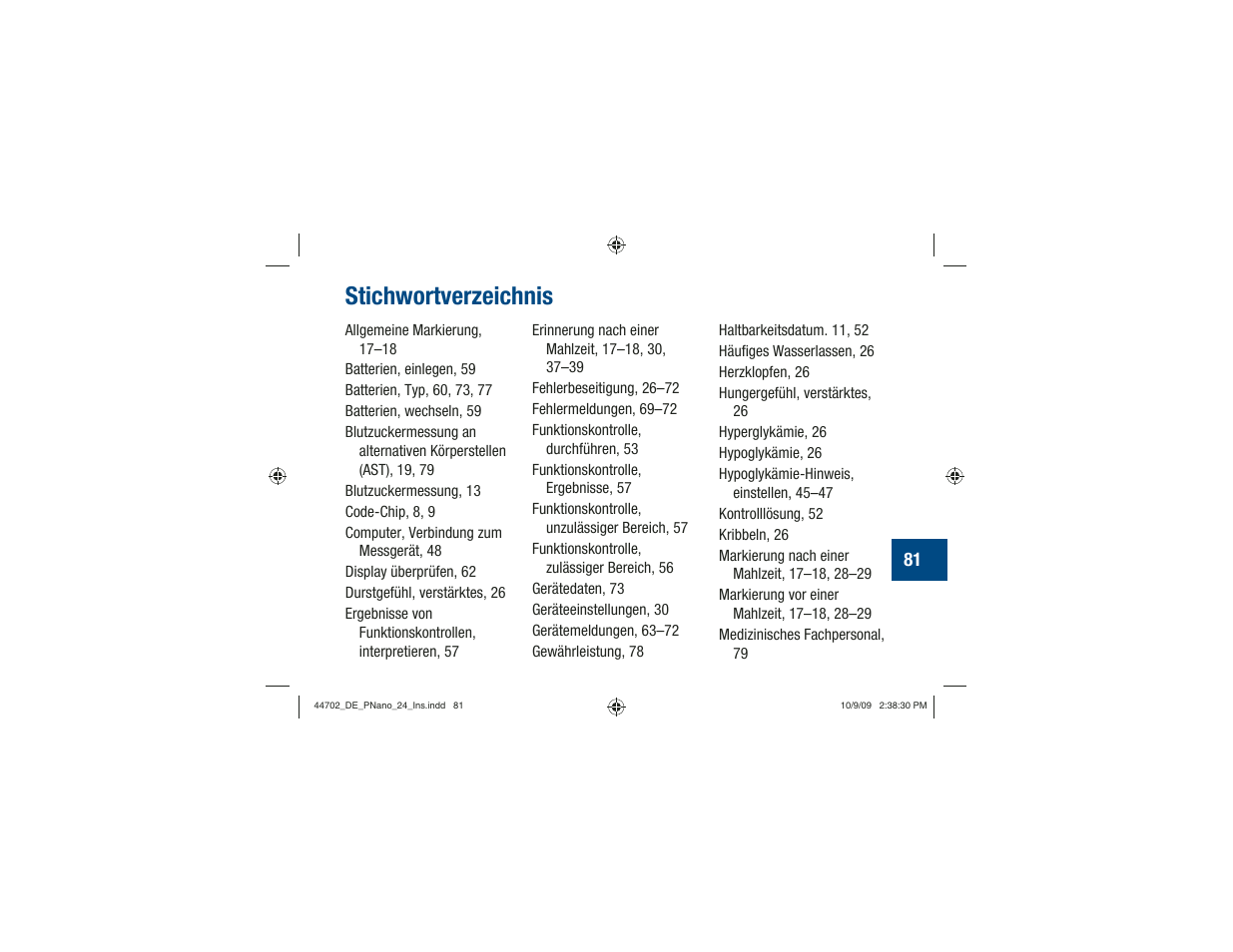 Stichwortverzeichnis | Акку-Чек Перформа Нано User Manual | Page 165 / 332