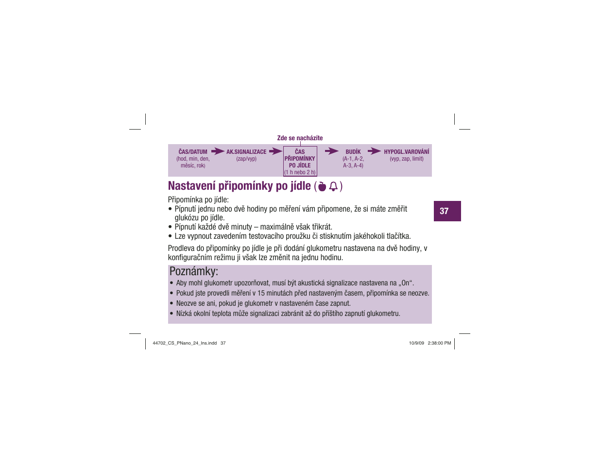 Nastavení připomínky po jídle ( ), Poznámky | Акку-Чек Перформа Нано User Manual | Page 203 / 332