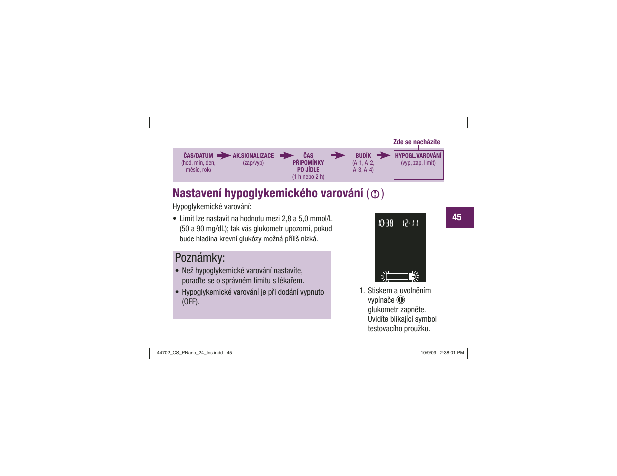 Nastavení hypoglykemického varování ( ), Poznámky | Акку-Чек Перформа Нано User Manual | Page 211 / 332