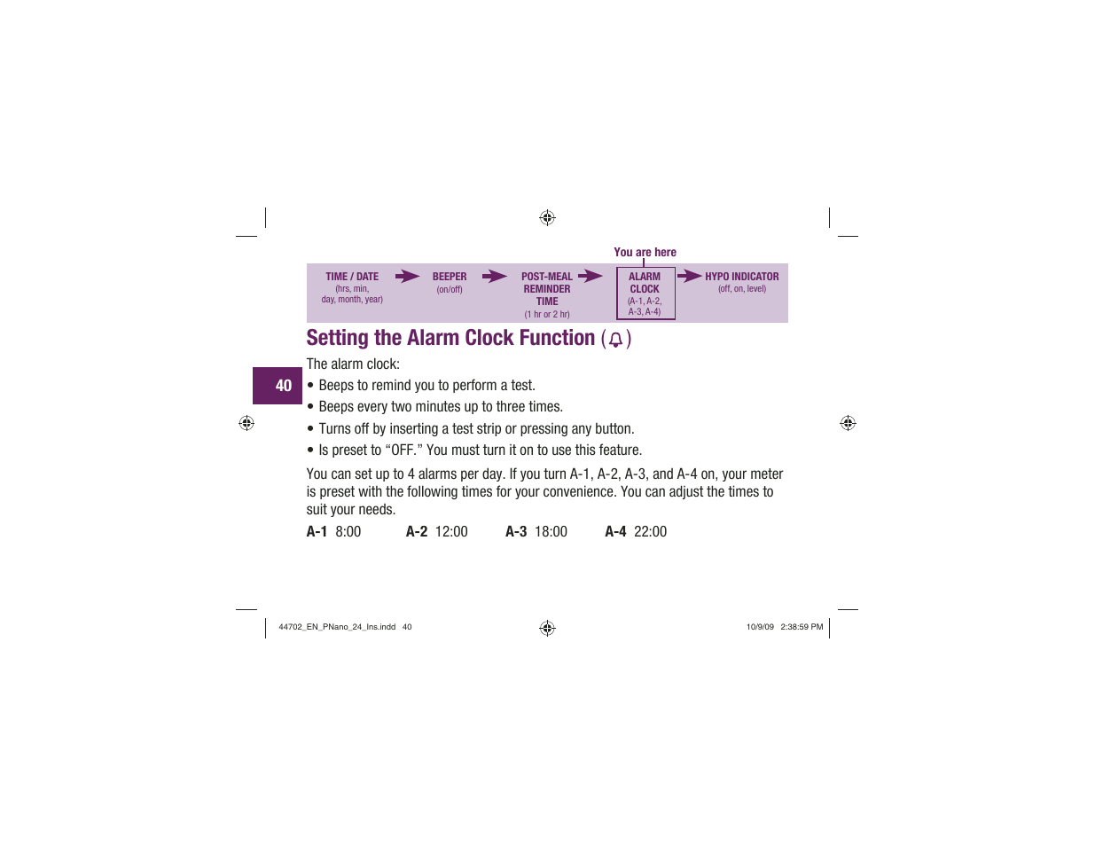 Setting the alarm clock function ( ) | Акку-Чек Перформа Нано User Manual | Page 42 / 332