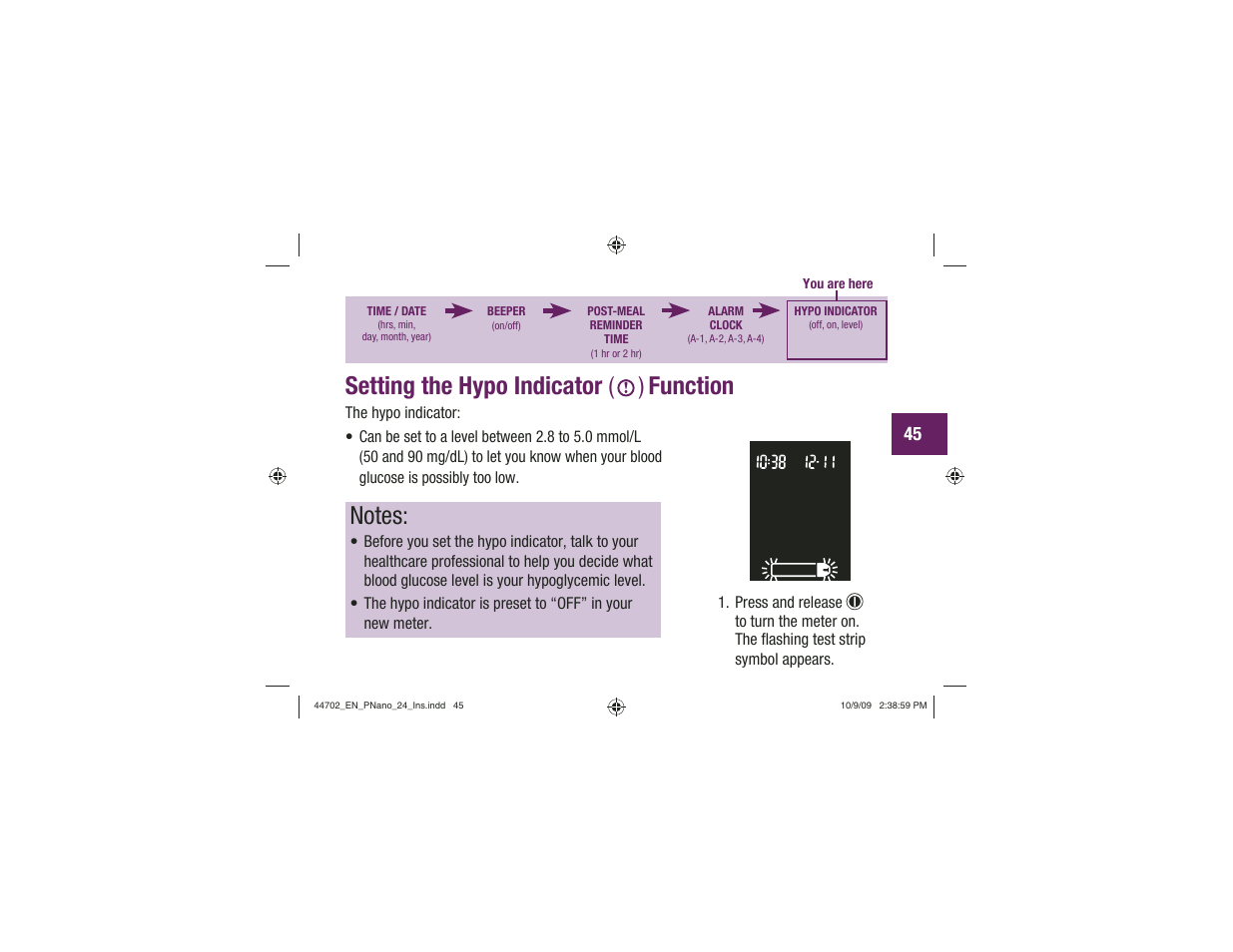Setting the hypo indicator ( ) function | Акку-Чек Перформа Нано User Manual | Page 47 / 332