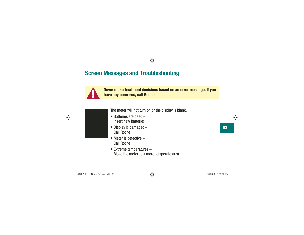 Screen messages and troubleshooting | Акку-Чек Перформа Нано User Manual | Page 65 / 332