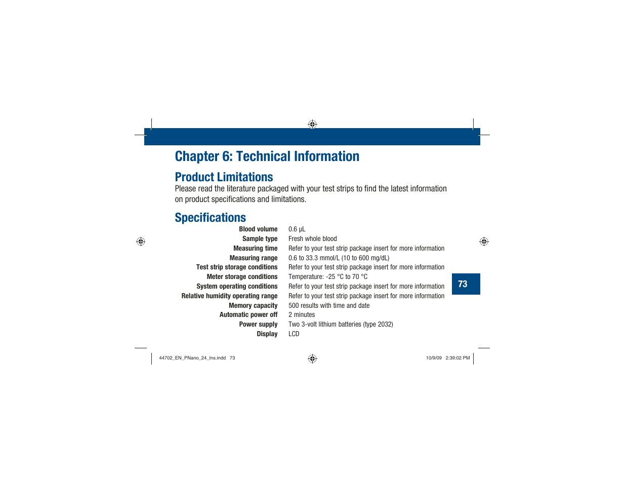 Chapter 6: technical information, Product limitations, Specifi cations | Акку-Чек Перформа Нано User Manual | Page 75 / 332