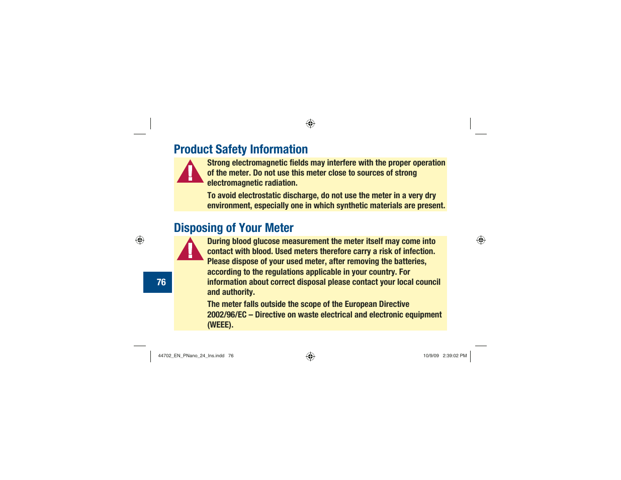 Product safety information, Disposing of your meter | Акку-Чек Перформа Нано User Manual | Page 78 / 332