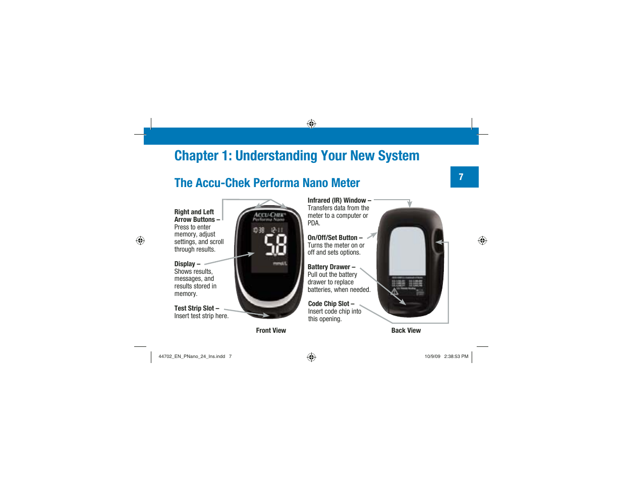 Chapter 1: understanding your new system, The accu-chek performa nano meter | Акку-Чек Перформа Нано User Manual | Page 9 / 332