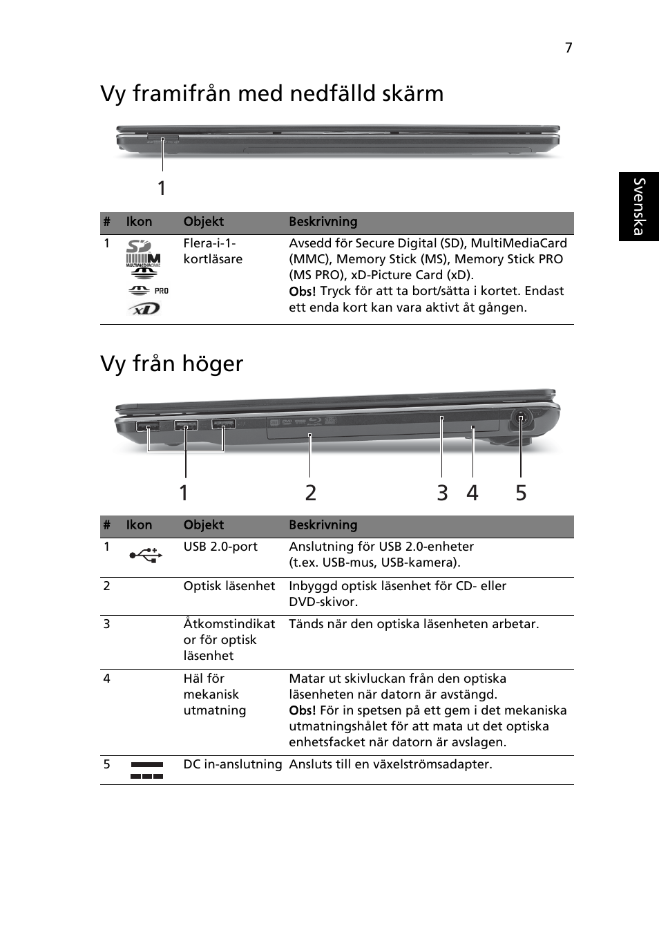 Vy framifrån med nedfälld skärm, Vy från höger, Vy framifrån med nedfälld skärm vy från höger | Acer Aspire 5820TZG User Manual | Page 107 / 326