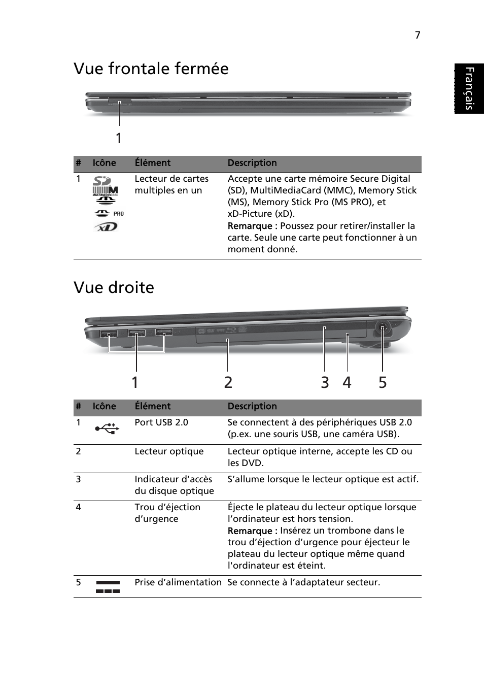 Vue frontale fermée, Vue droite, Vue frontale fermée vue droite | Français | Acer Aspire 5820TZG User Manual | Page 19 / 326