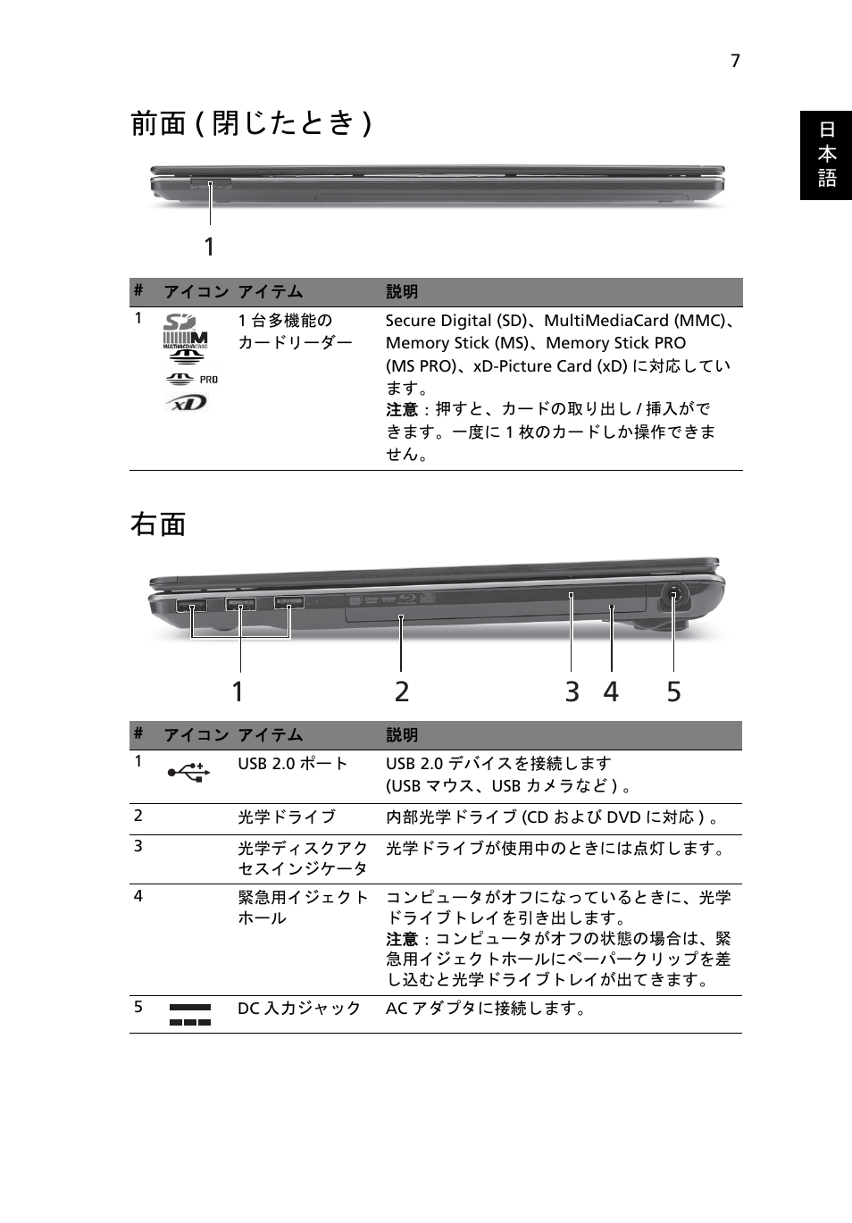 前面(閉じたとき), 前面 ( 閉じたとき ) 右面 | Acer Aspire 5820TZG User Manual | Page 273 / 326