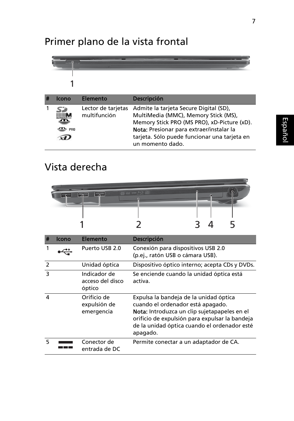 Primer plano de la vista frontal, Vista derecha, Primer plano de la vista frontal vista derecha | Acer Aspire 5820TZG User Manual | Page 53 / 326