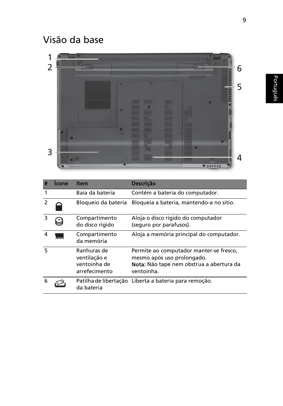 Visão da base | Acer Aspire 5820TZG User Manual | Page 67 / 326