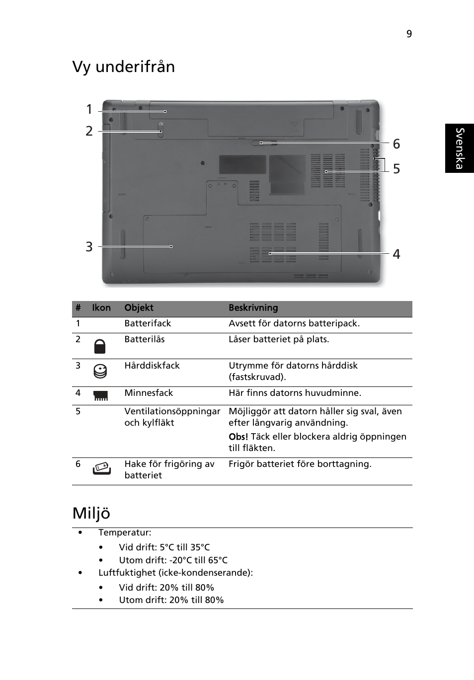 Vy underifrån, Miljö, Vy underifrån miljö | Acer Aspire 7741ZG User Manual | Page 103 / 313