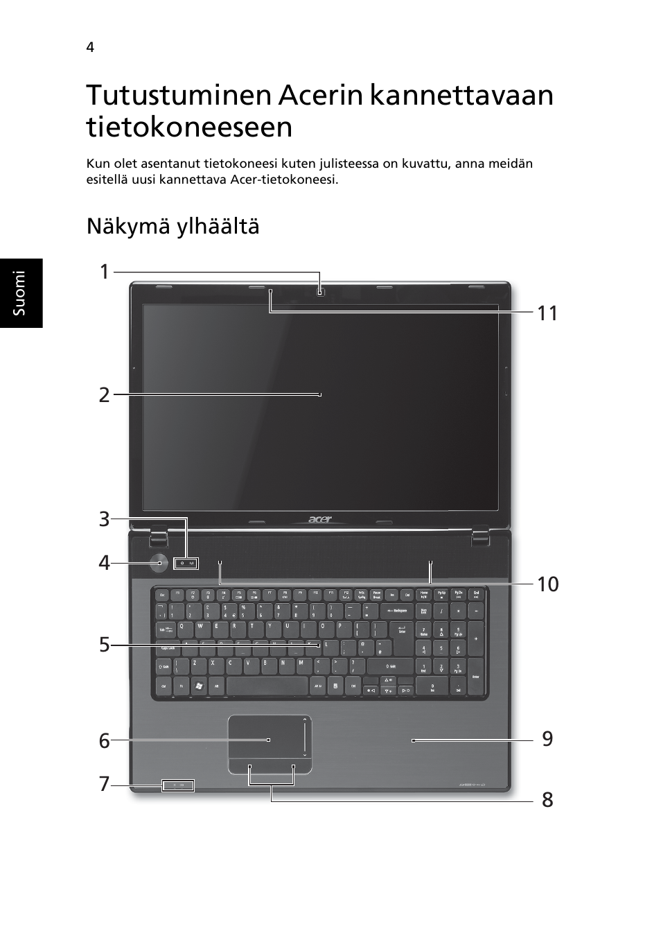 Tutustuminen acerin kannettavaan tietokoneeseen, Näkymä ylhäältä | Acer Aspire 7741ZG User Manual | Page 108 / 313