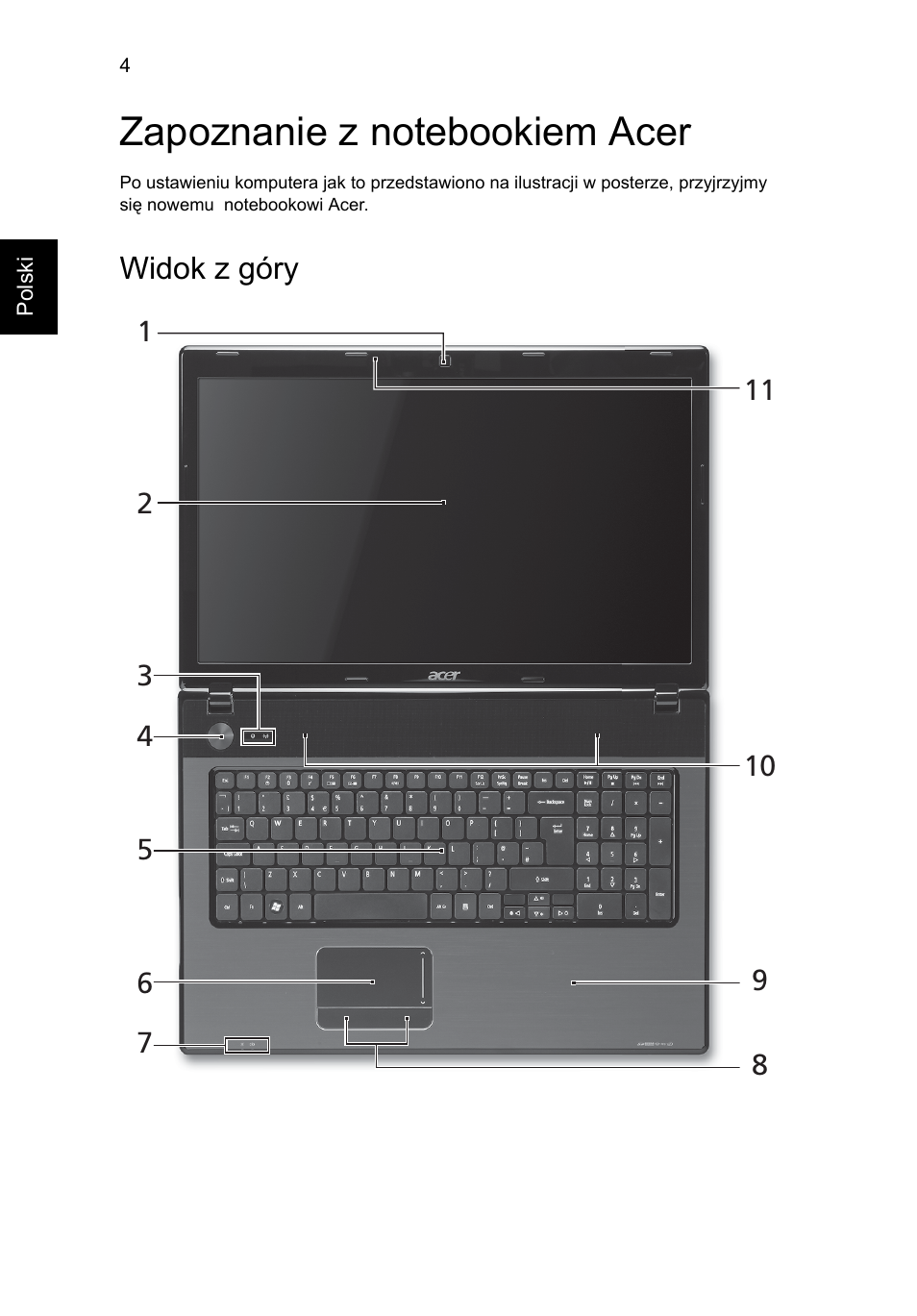 Zapoznanie z notebookiem acer, Widok z góry | Acer Aspire 7741ZG User Manual | Page 128 / 313