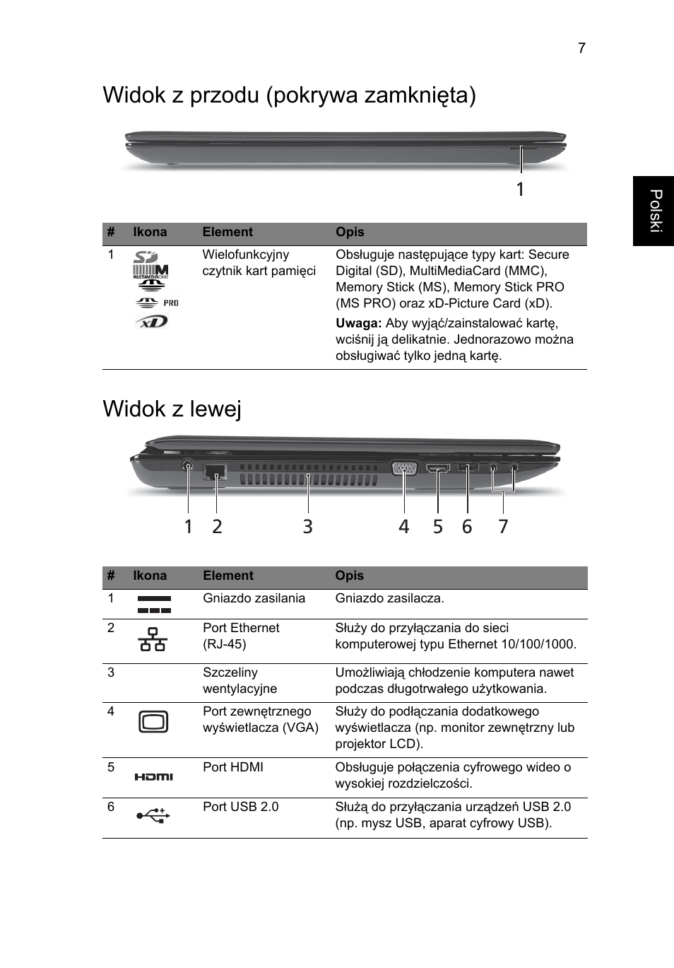 Widok z przodu (pokrywa zamknięta), Widok z lewej, Widok z przodu (pokrywa zamknięta) widok z lewej | Acer Aspire 7741ZG User Manual | Page 131 / 313