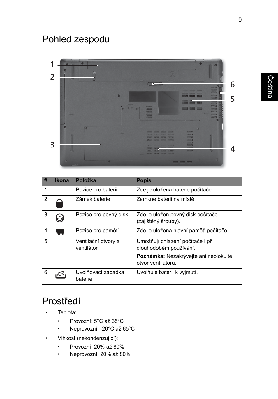 Pohled zespodu, Prostředí, Pohled zespodu prostředí | Acer Aspire 7741ZG User Manual | Page 153 / 313