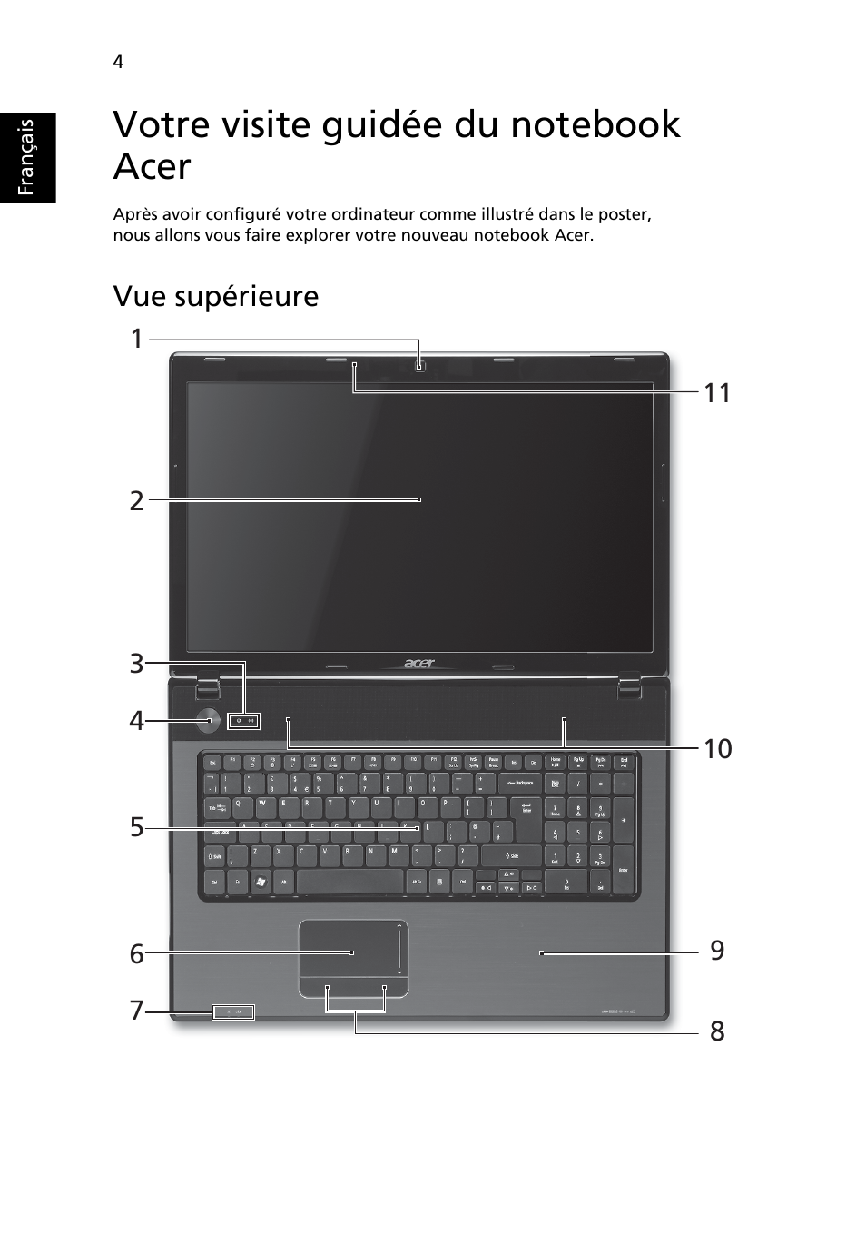 Votre visite guidée du notebook acer, Vue supérieure | Acer Aspire 7741ZG User Manual | Page 16 / 313