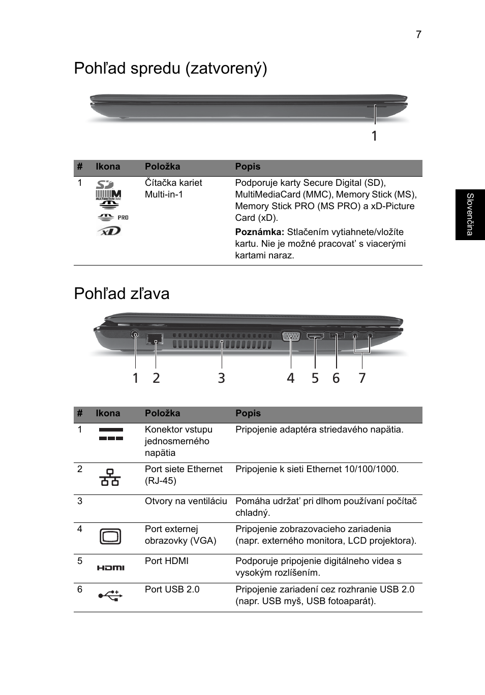 Pohľad spredu (zatvorený), Pohľad zľava, Pohľad spredu (zatvorený) pohľad zľava | Acer Aspire 7741ZG User Manual | Page 161 / 313