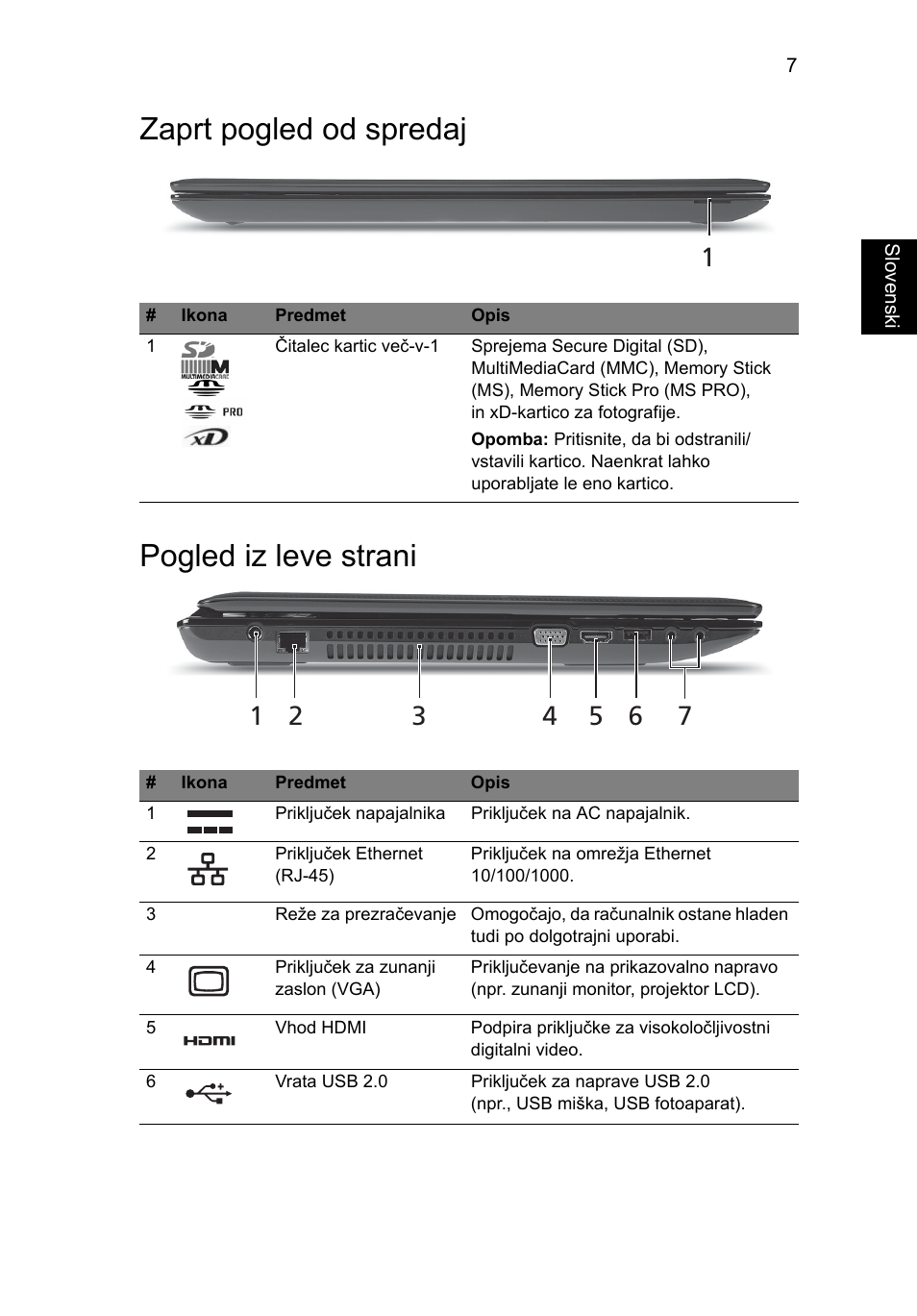 Zaprt pogled od spredaj, Pogled iz leve strani, Zaprt pogled od spredaj pogled iz leve strani | Acer Aspire 7741ZG User Manual | Page 171 / 313