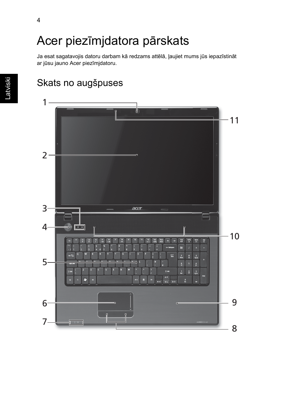 Acer piezīmjdatora pārskats, Skats no augšpuses | Acer Aspire 7741ZG User Manual | Page 218 / 313