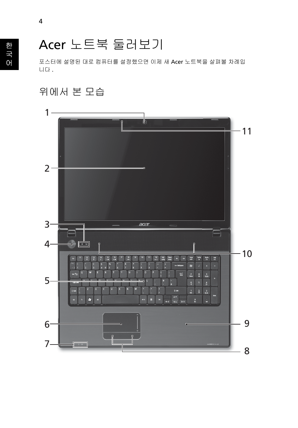 Acer 노트북 둘러보기, 위에서 본 모습 | Acer Aspire 7741ZG User Manual | Page 268 / 313