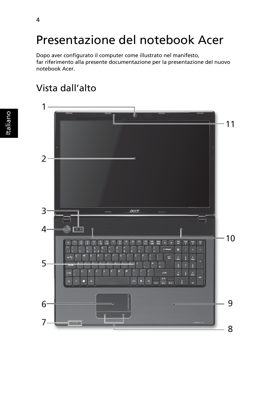 Presentazione del notebook acer, Vista dall’alto | Acer Aspire 7741ZG User Manual | Page 36 / 313